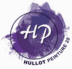Logo circulaire de Hullot Peinture 20 avec initiales HP stylisées en blanc sur fond de taches de peinture abstraites violettes et bleues.
