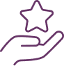 Main Tendant une Étoile : Symbole Qualité et Récompense Contour d'une main ouverte tenant une étoile à cinq branches, symbolisant la récompense, la qualité ou la reconnaissance, en ligne violet foncé sur fond noir.