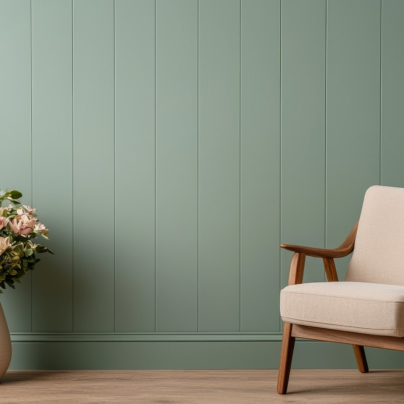 Salon vert sauge : Mur lambrissé et fauteuil design Mur lambrissé vert sauge avec plinthe assortie, devant lequel se trouvent un fauteuil beige et un vase de fleurs roses, sur un plancher en bois clair.