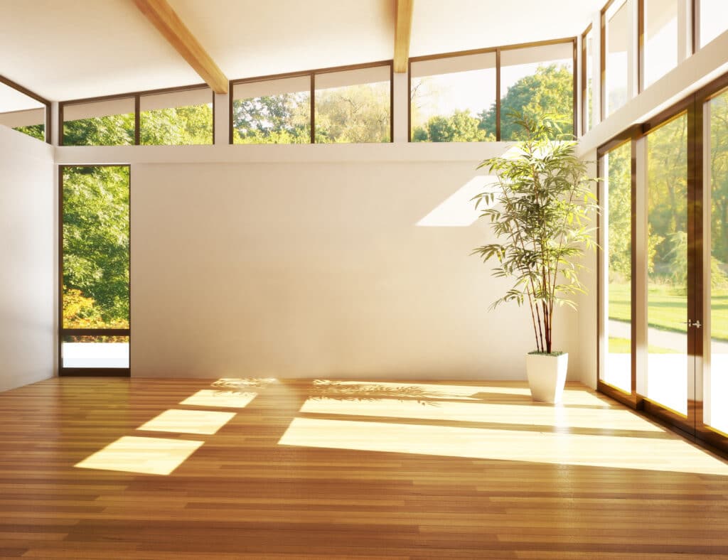 Salle moderne lumineuse : Le charme du plancher bois et du soleil. Salle lumineuse moderne. Plancher bois clair, grandes fenêtres sur jardin verdoyant. Poutres bois, plante de bambou et rayons de soleil intenses.